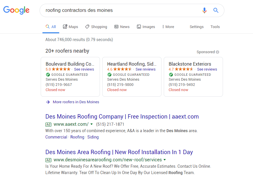 screenshot of search results containing local service ads