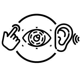 An illustration of a finger tapping, an eye, and an ear to represent the WCAG Perceivable principle.