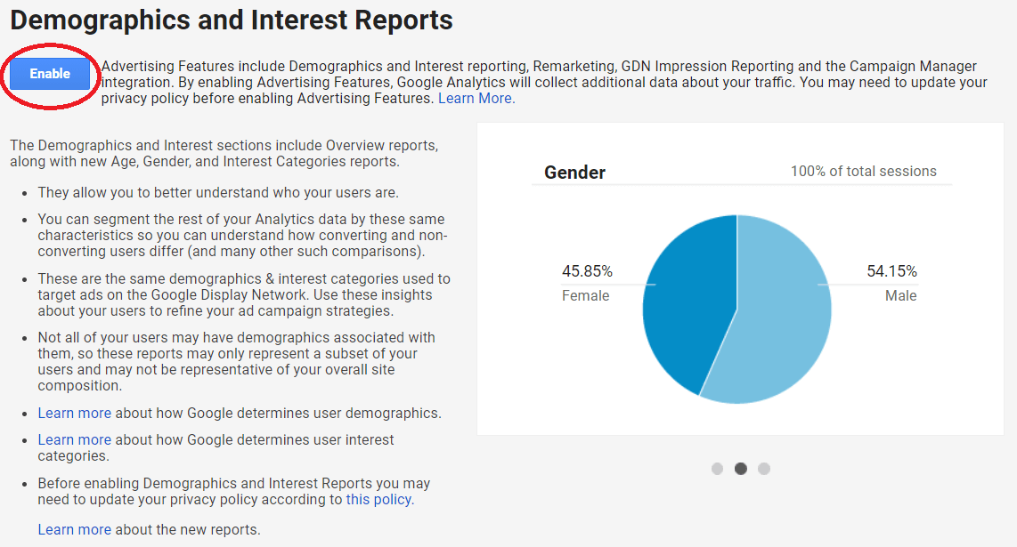 screenshot of google analytics demographics and interests