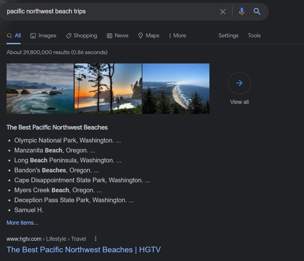 A screenshot of a SERP for the query, "pacific northwest beach trips"