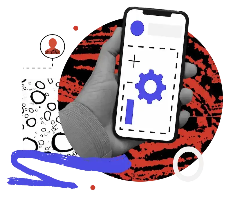 a graphic of a hand holding a phone with app icons on it