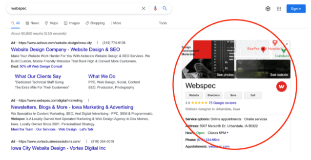 Google My Business Listing for Webspec