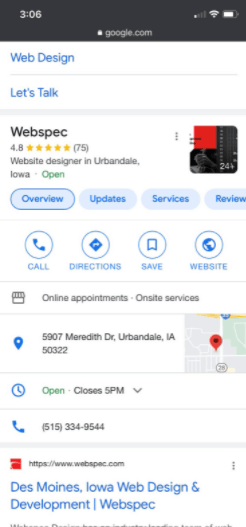 Google My Business Listing for Webspec on Mobile