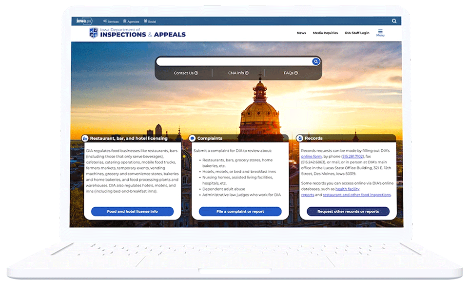 a mockup of the Iowa Department of Inspections & Appeals homepage