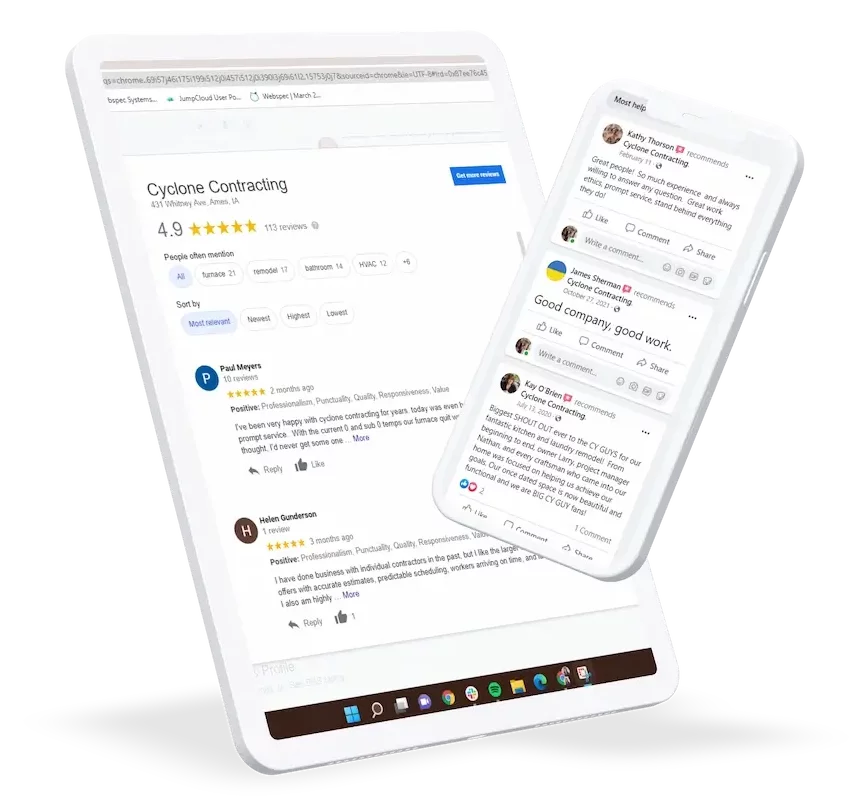 screenshots from Cyclone Contracting's reviews on Google and Facebook