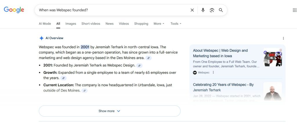 An AI overview for the search “When was Webspec founded?”